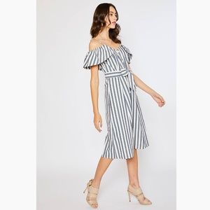 Front Button Striped Dress - Black